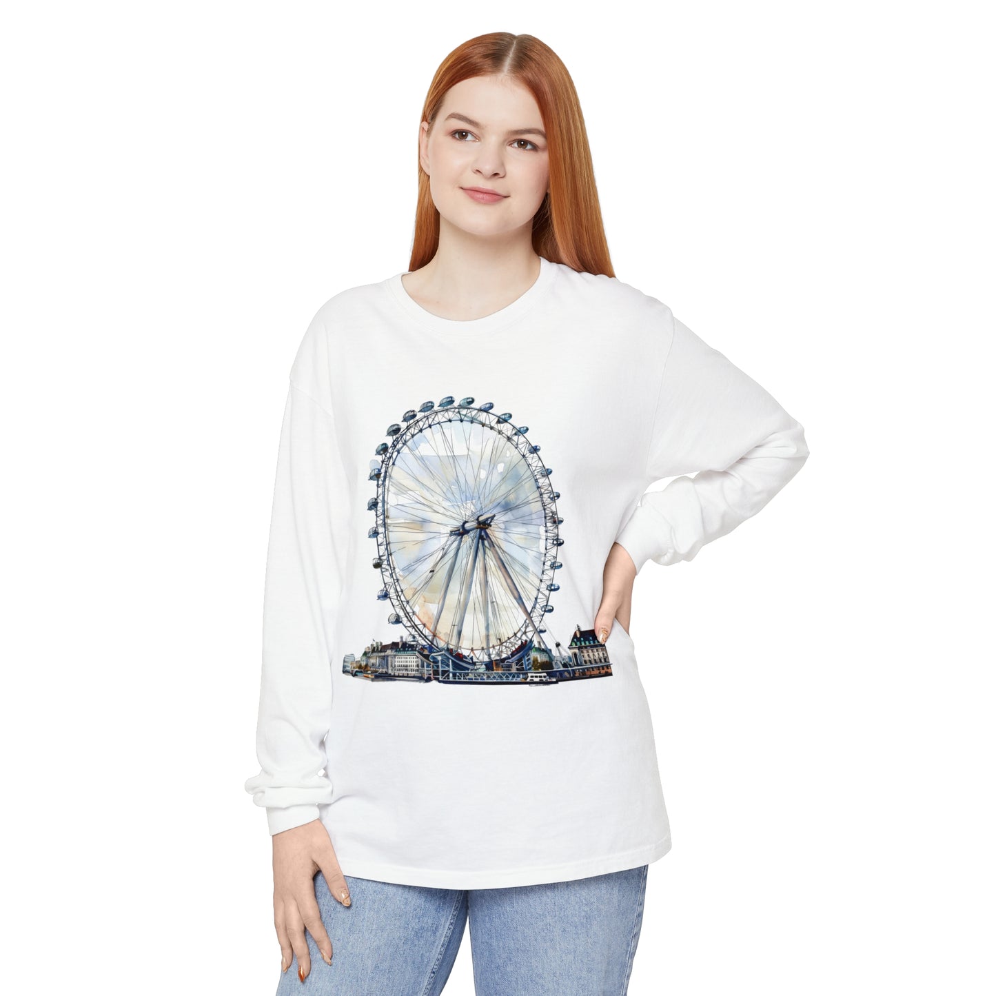 Unisex Garment-dyed Long Sleeve T-Shirt - London Eye - Iconic Ferris Wheel Watercolor Art