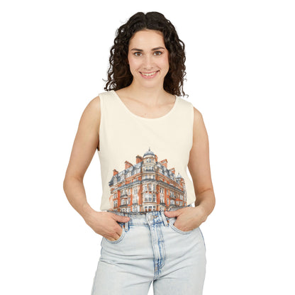 Unisex Garment-Dyed Tank Top - British Vintage Building - Architectural Charm