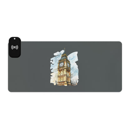 Big Ben in Watercolor Style - LED Gaming Mouse Pad - Wireless Charging, RGB Desk Mat, Gamer Gift, Home Office Accessory, Computer Pad, Tech Gadget