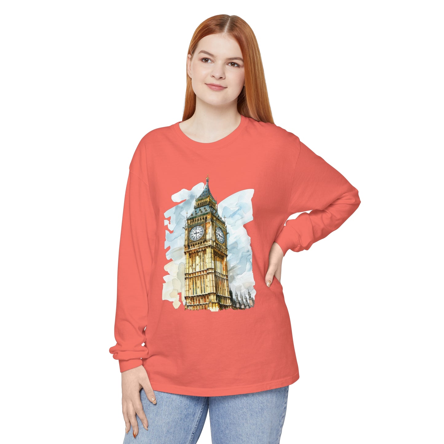 Unisex Garment-dyed Long Sleeve T-Shirt - Iconic Big Ben Clock Tower Design - London Landmark