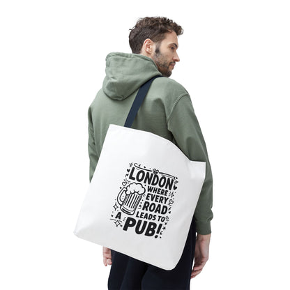 London Pub Tote Bag, Fun Travel Accessory, Gift for Beer Lovers, White Canvas Shopper, Festival, Day Out Bag
