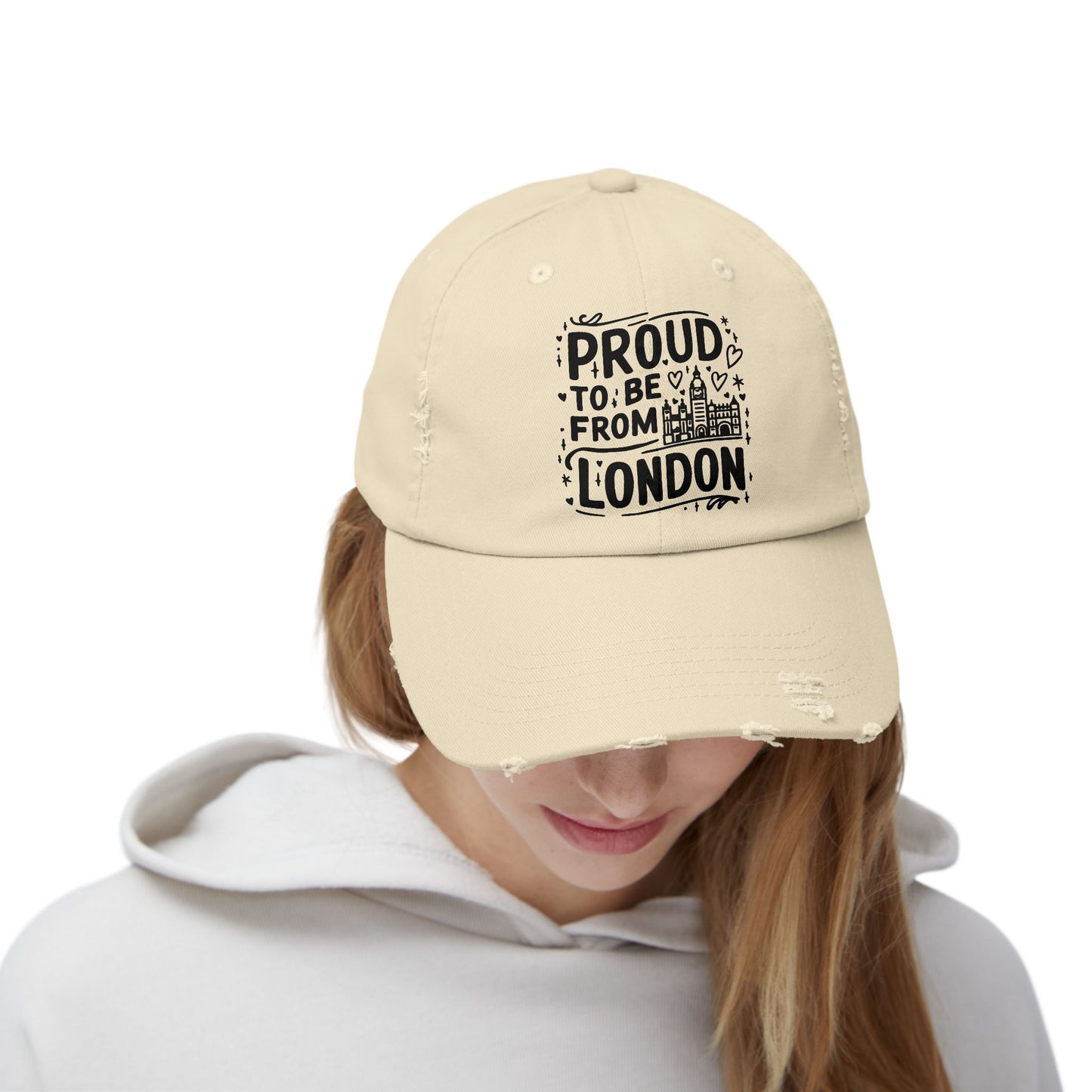 Proudly London Distressed Cap | Unisex Cap for Travelers, Fashionable Headwear, Gift for London Lovers, Casual Style, Summer Accessory