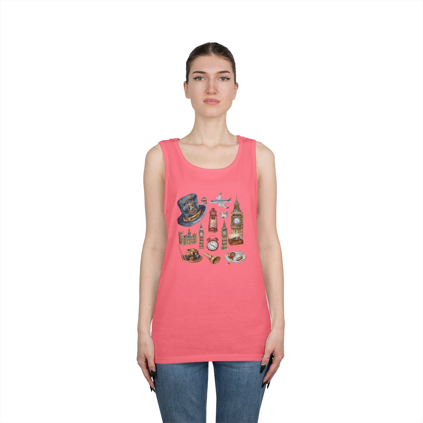 Unisex Heavy Cotton Tank Top - England Travel Icons Artistic Print