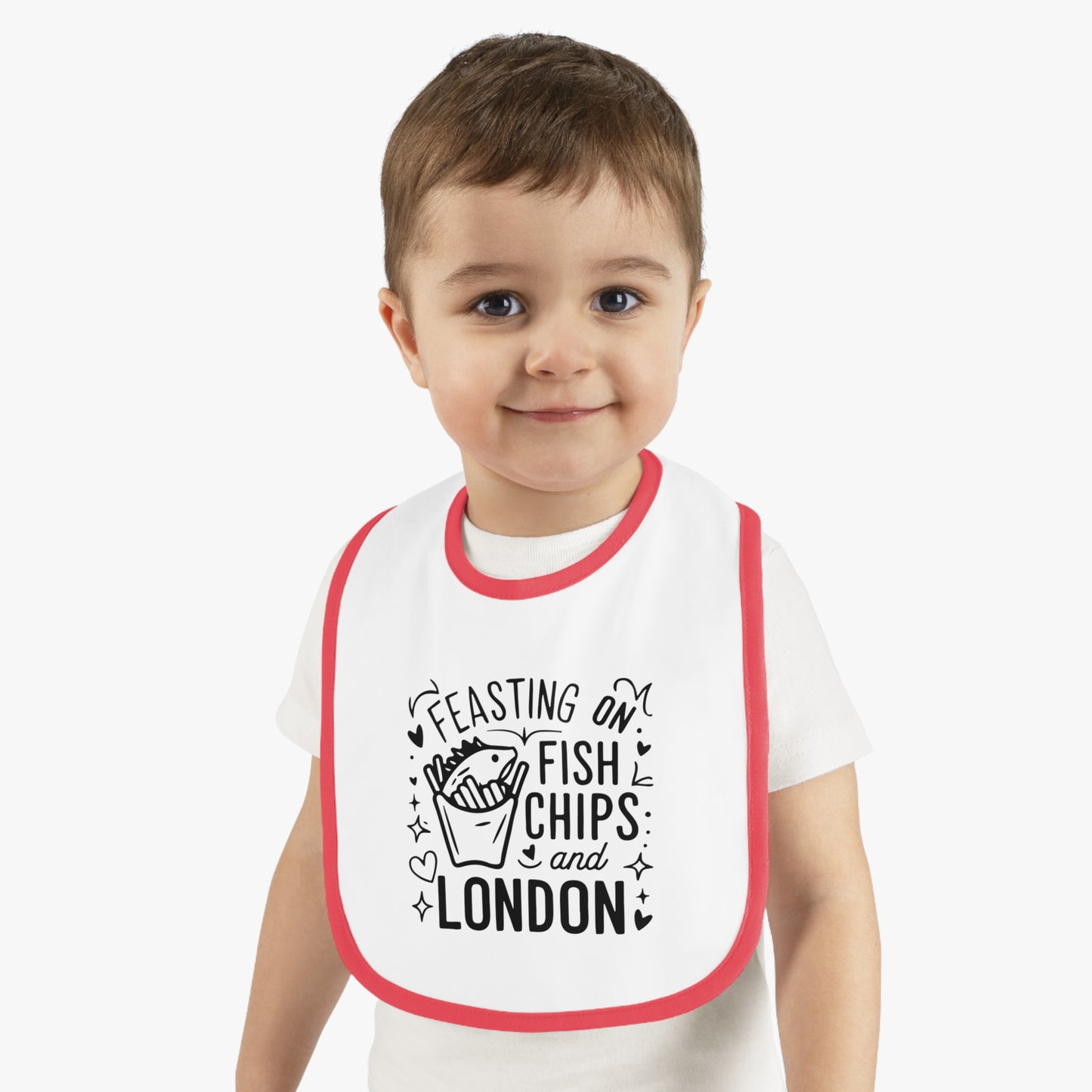 Adorable Baby Bib - 'Feasting on Fish Chips and London' - Perfect for New Parents, Baby Showers, Birthdays, Travel, Gifts