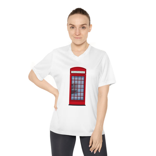 Women's Performance V-Neck T-Shirt - Iconic British Public Telephone - Classic Red Phone Box Design