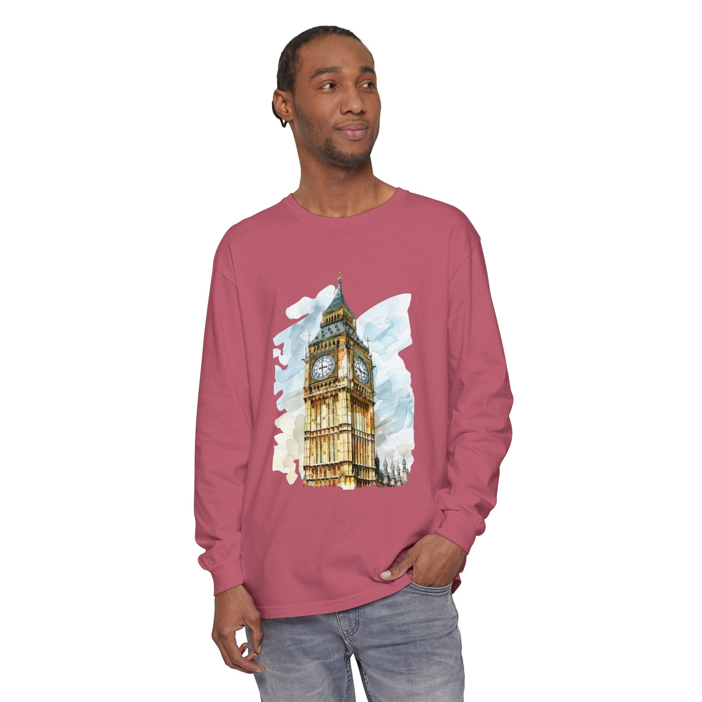Unisex Garment-dyed Long Sleeve T-Shirt - London Clock Tower - Iconic Big Ben and Timeless Architecture