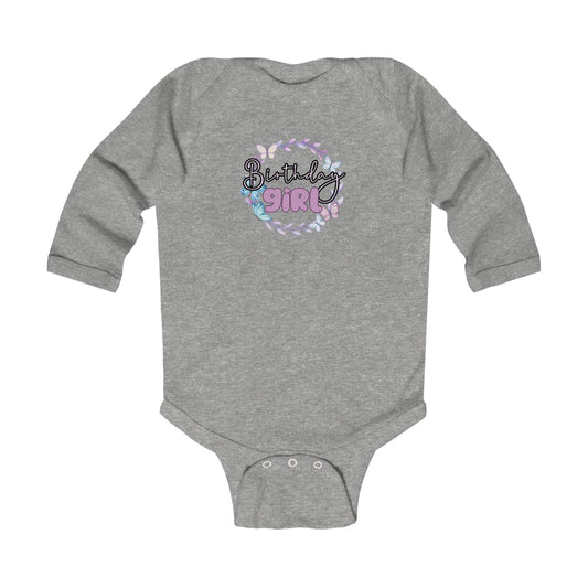 Birthday Girl Infant Long Sleeve Bodysuit - Cute Grey Baby Outfit for Celebrations