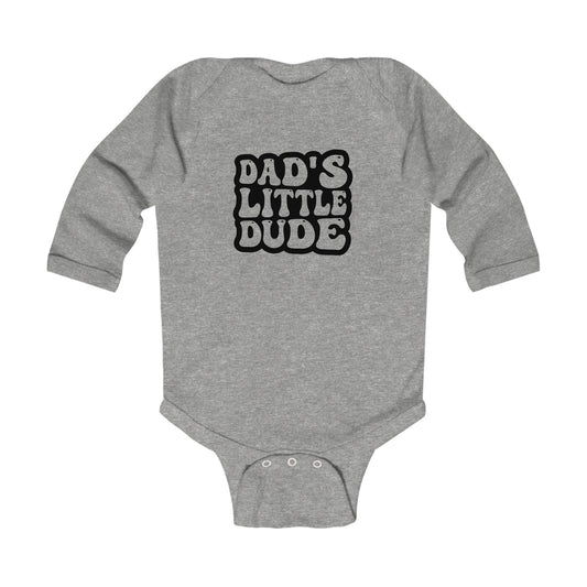 Dad's Little Dude Infant Long Sleeve Bodysuit - Cute Baby Grey Romper