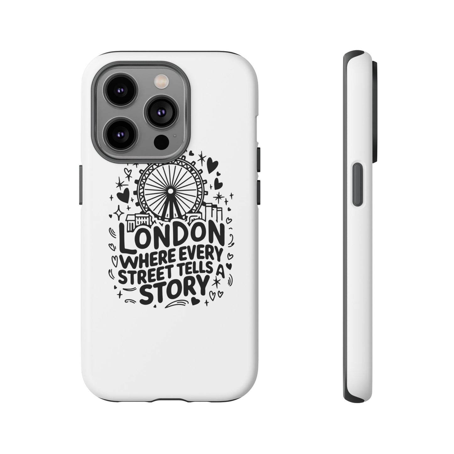 London Story Phone Case, Tough iPhone Cover, Gift for Travelers, London Souvenir, Black Typography Design