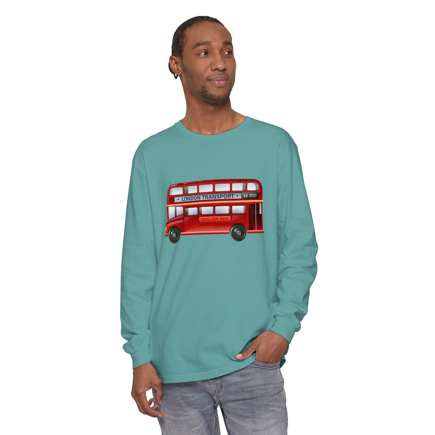 Unisex Garment-dyed Long Sleeve T-Shirt - London Transport English Bus - Iconic Red Double-Decker