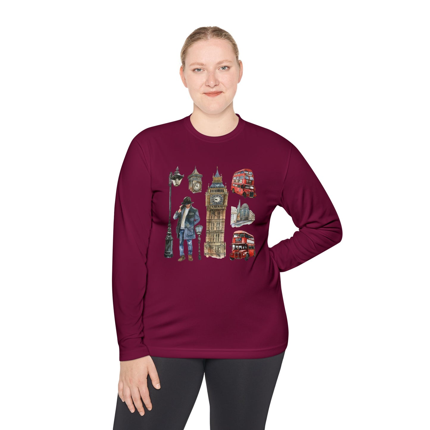 Unisex Lightweight Long Sleeve Tee - British Landmarks and Symbols Art Design -  Perfect for Travel Lovers
