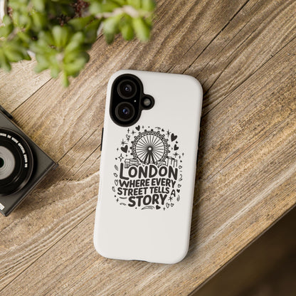 London Story Phone Case, Tough iPhone Cover, Gift for Travelers, London Souvenir, Black Typography Design
