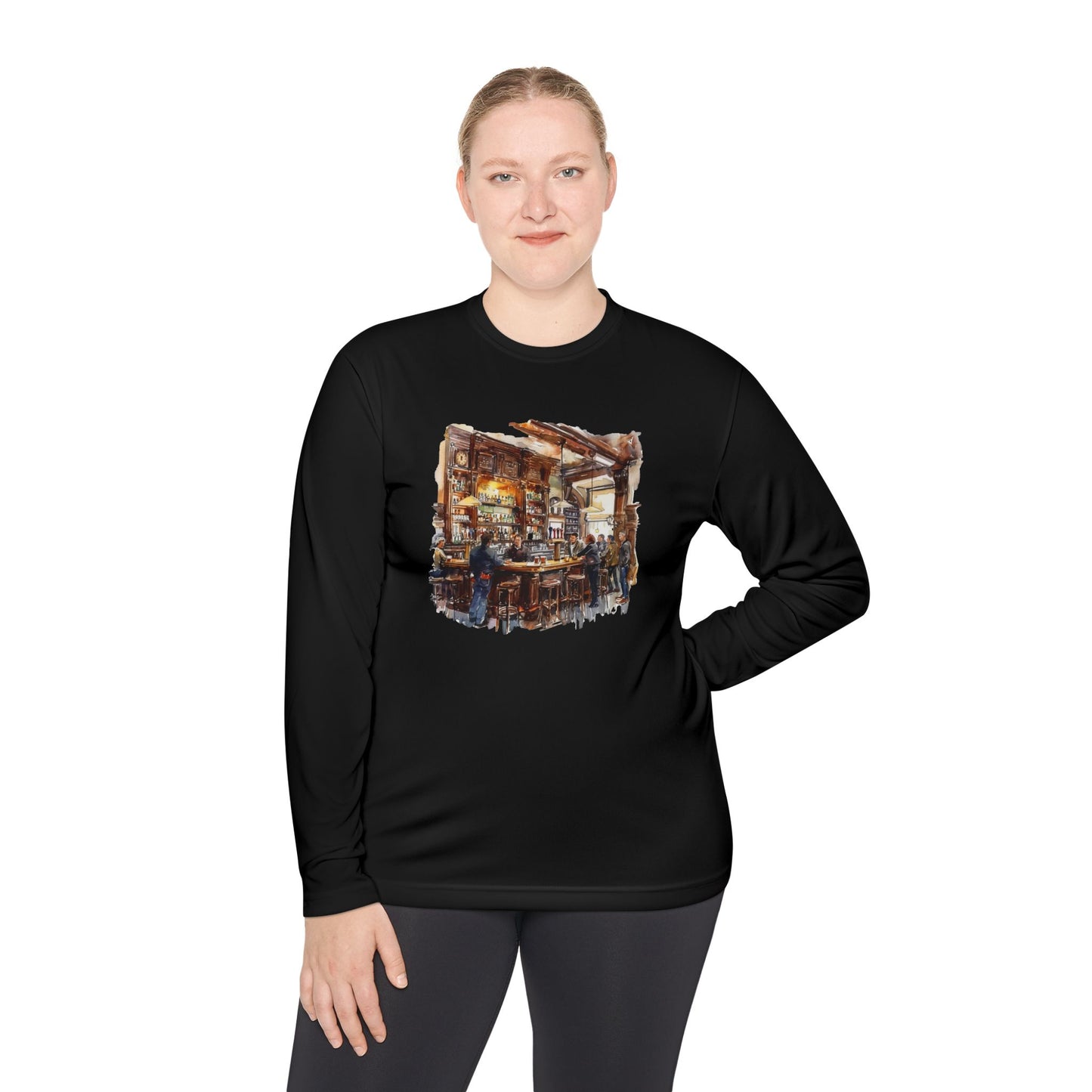 Unisex Lightweight Long Sleeve Tee - Hand-Painted Bar Scene Wall Art