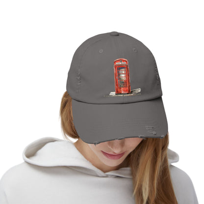 London Phone Booth Distressed Cap, Vintage Style Baseball Hat, Travel Accessory, Gift for Travelers, Unisex Fashion Headwear