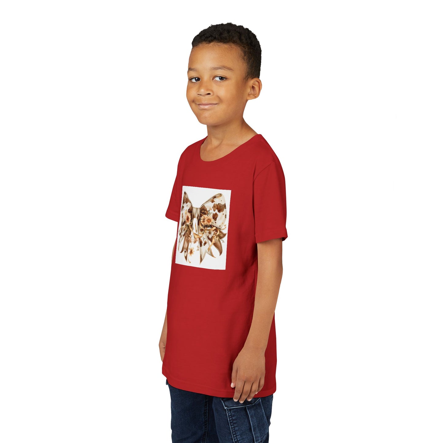 Youth Short Sleeve Tee - Western Cow Print Bow with Floral Accents Clipart - Cute Summer T-Shirt for Kids