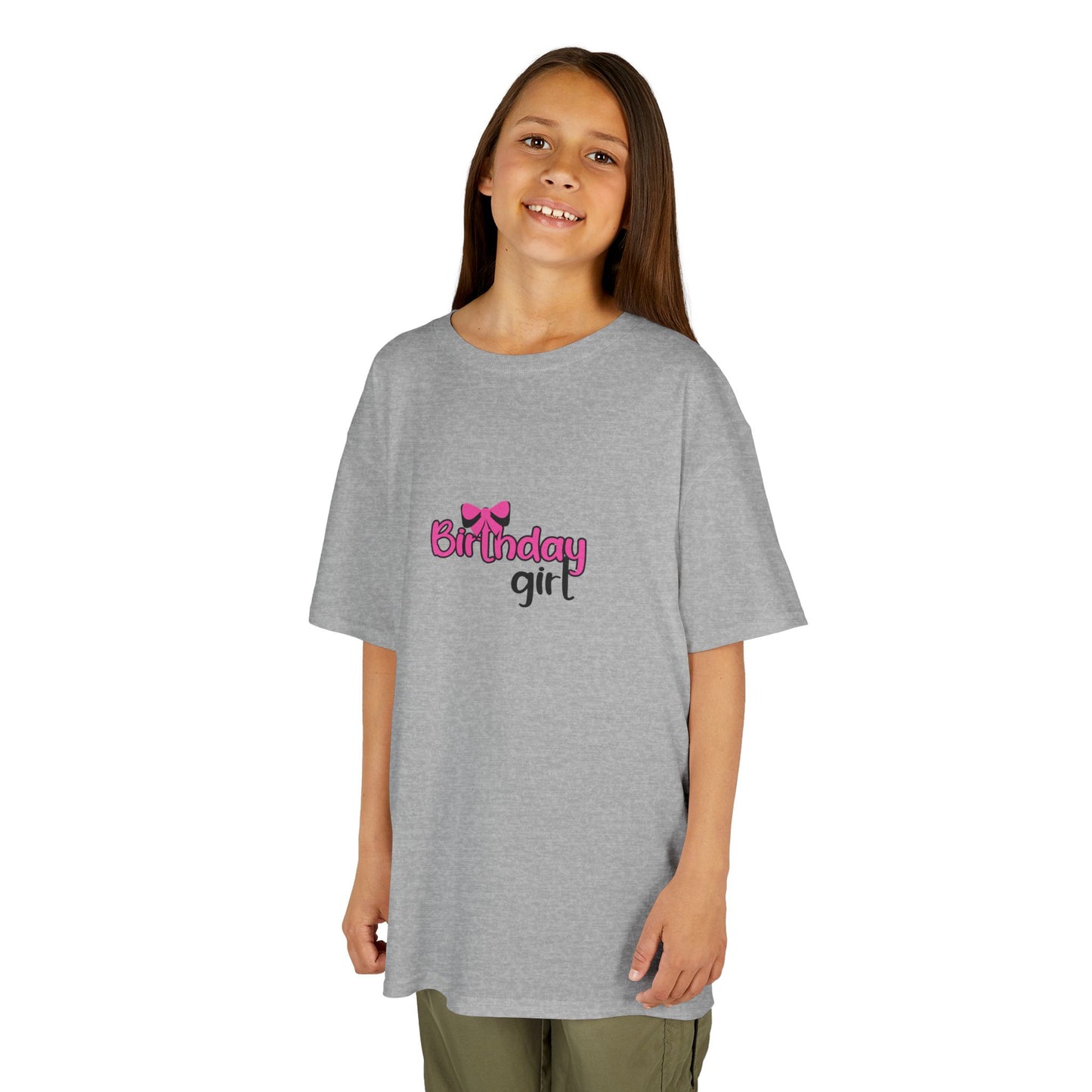 Kids Heavy Cotton Tee -Girly Birthday Girl with Leopard Rainbow Clipart -  Fun & Festive T-Shirt for Celebrating Special Days