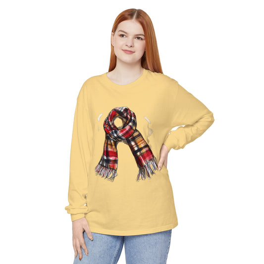 Unisex Garment-dyed Long Sleeve T-Shirt - Classic British Plaid Scarf Design