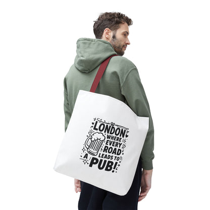 London Pub Tote Bag, Fun Travel Accessory, Gift for Beer Lovers, White Canvas Shopper, Festival, Day Out Bag