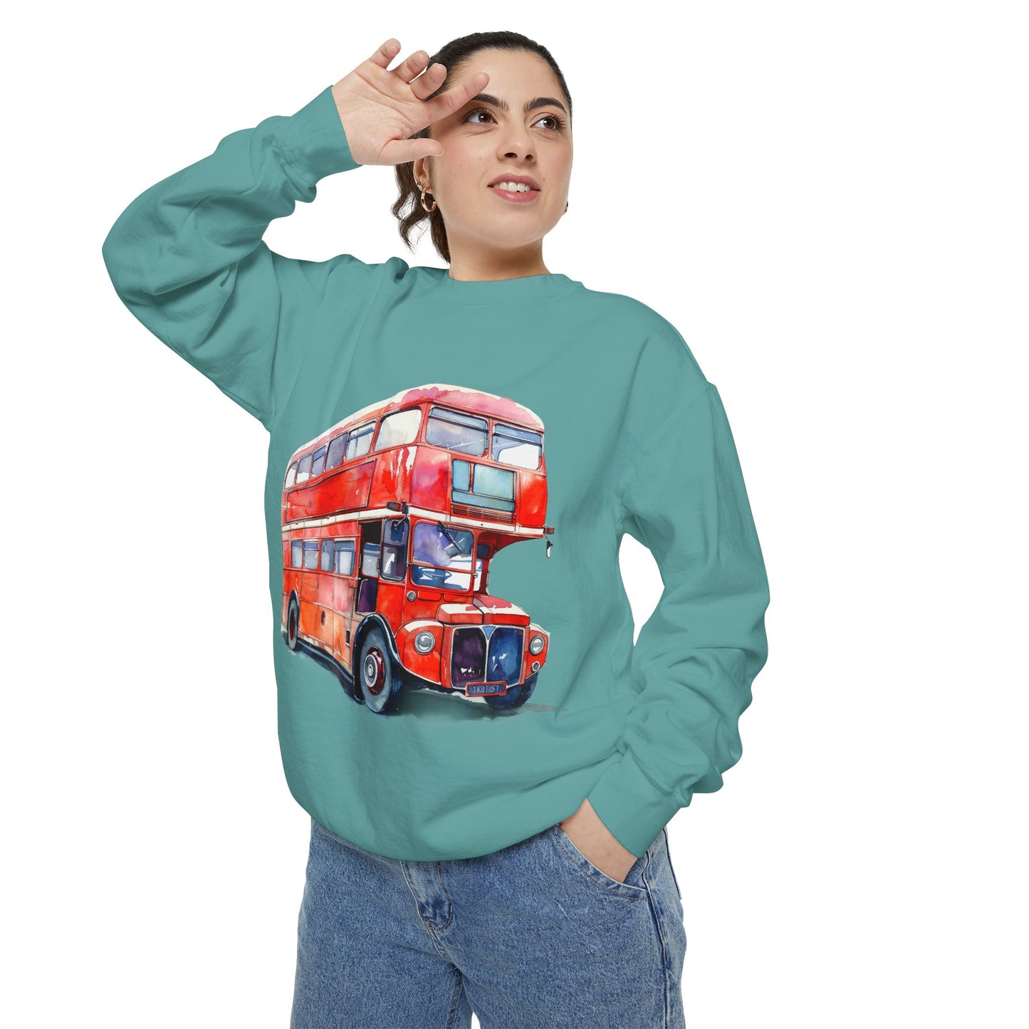 Unisex Garment-Dyed Sweatshirt - Timeless Transit - The Iconic Red Bus of Britain