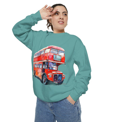Unisex Garment-Dyed Sweatshirt - Timeless Transit - The Iconic Red Bus of Britain