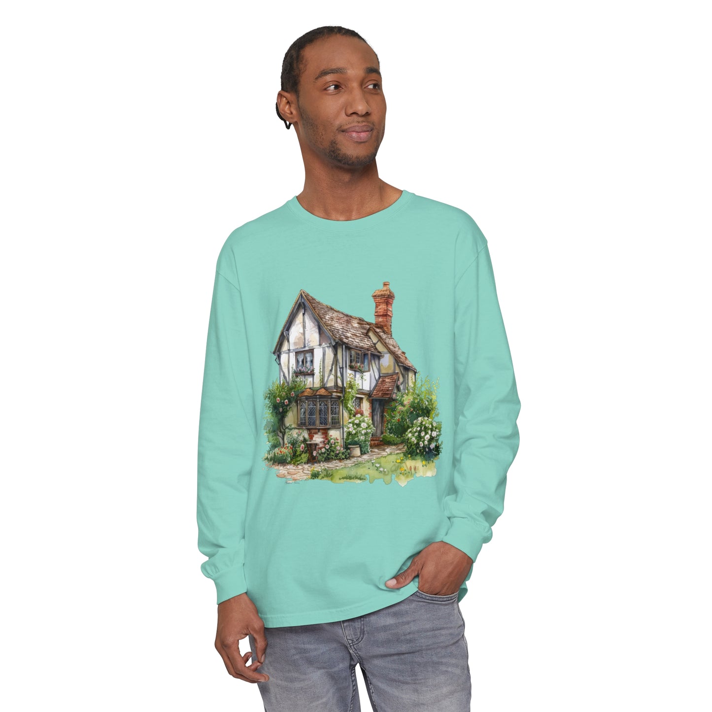 Unisex Garment-dyed Long Sleeve T-Shirt - Charming British House - Classic Design and Warmth