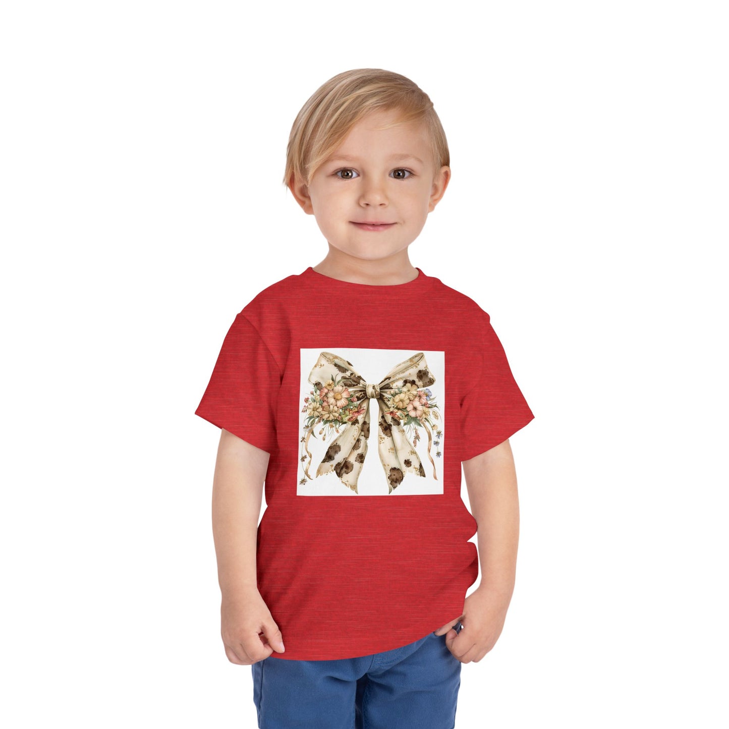Toddler Tee - Western Floral Bow with Cow Pattern Aesthetic - Cute Short Sleeve Shirt for Kids