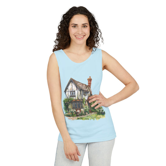 Unisex Garment-Dyed Tank Top - Charming English Cottage Illustration Print