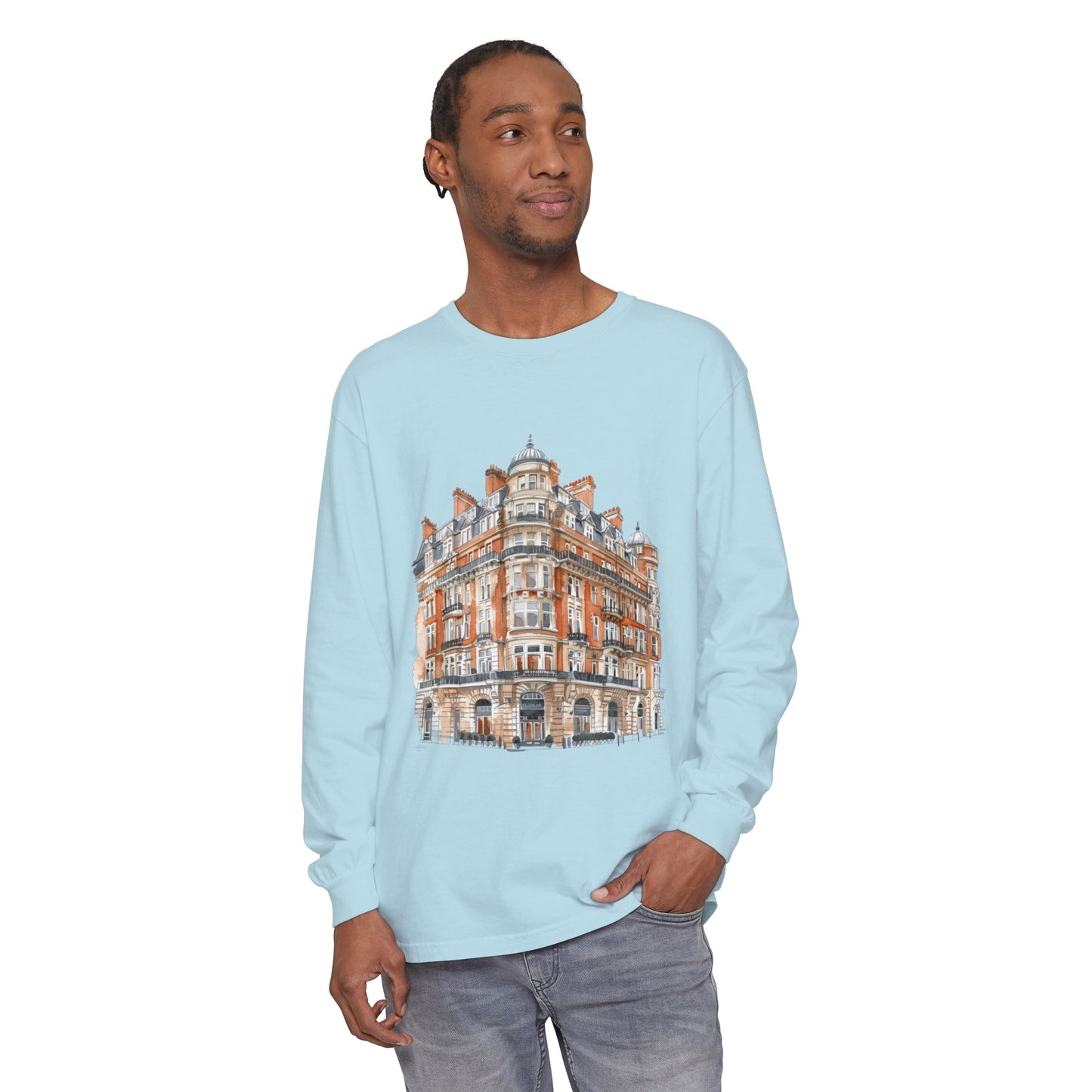 Unisex Garment-dyed Long Sleeve T-Shirt - Classic British Architecture - Elegant Historic Building