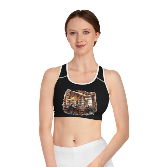 Sports Bra – Perfect for Yoga and Everyday Wear - London Pub Interior - Cozy British Tavern Watercolor Art