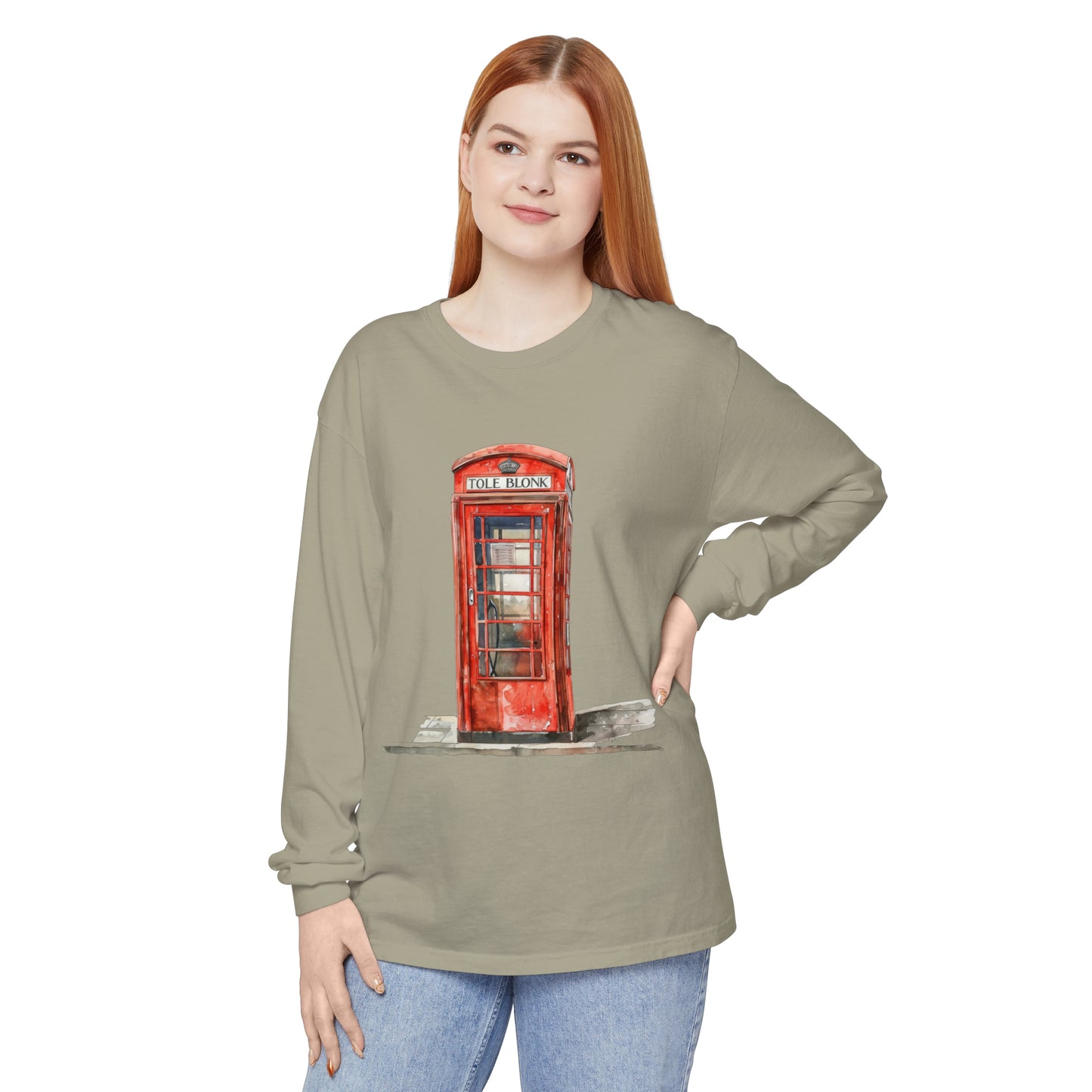Unisex Garment-dyed Long Sleeve T-Shirt - Iconic British Public Telephone - Classic Red Phone Box Design