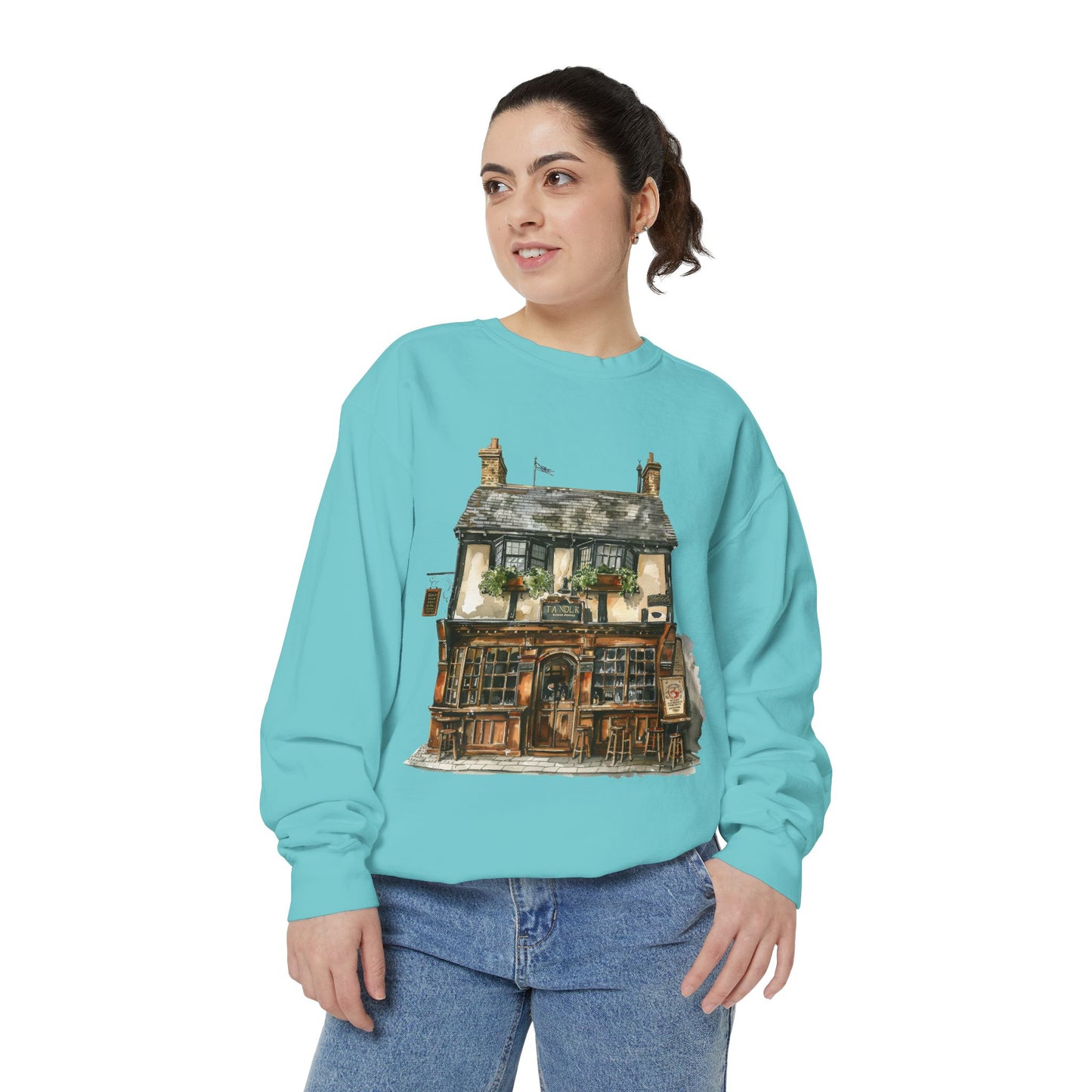Unisex Garment-Dyed Sweatshirt - From Thatched Roofs to Stone Walls - British Village Houses