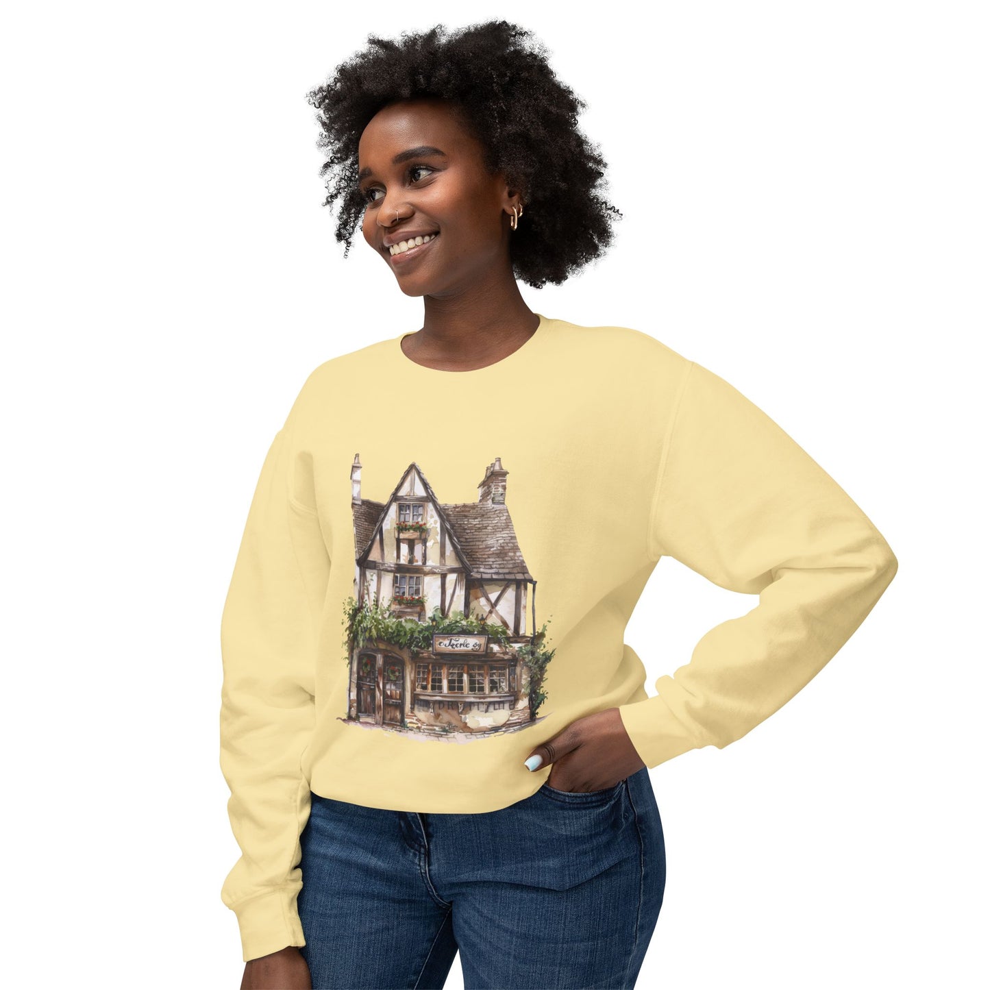 Unisex Lightweight Crewneck Sweatshirt - Charm of the Countryside - British Cottage Style
