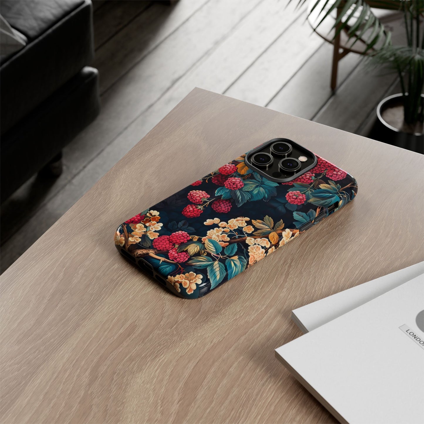Floral Phone Case with Berry Design, Durable Phone Cover, Floral Print, Gift for Plant Lovers, Nature-Inspired Accessory