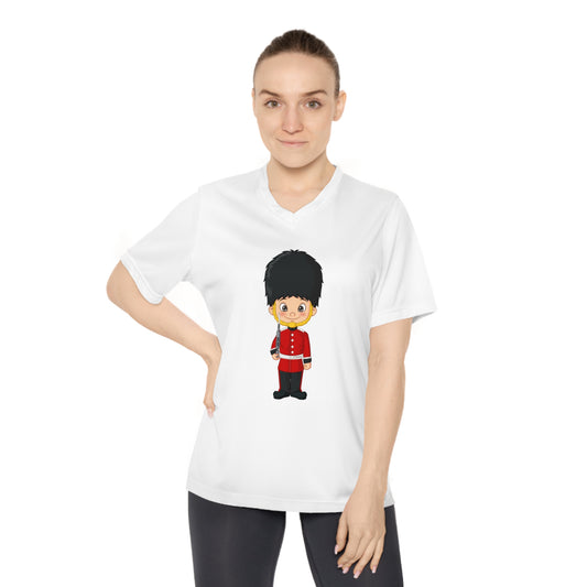 Women's Performance V-Neck T-Shirt - Cartoon Guard Design - British Royal Guard - Iconic Symbol of Tradition and Honor