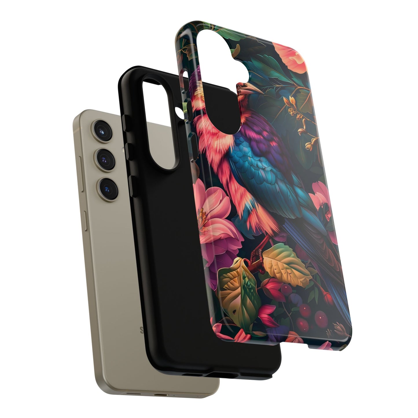 Vibrant Phone Case, Tropical Bird Design, Tough Phone Cover, Floral Tech Accessory, Gift for Nature Lovers