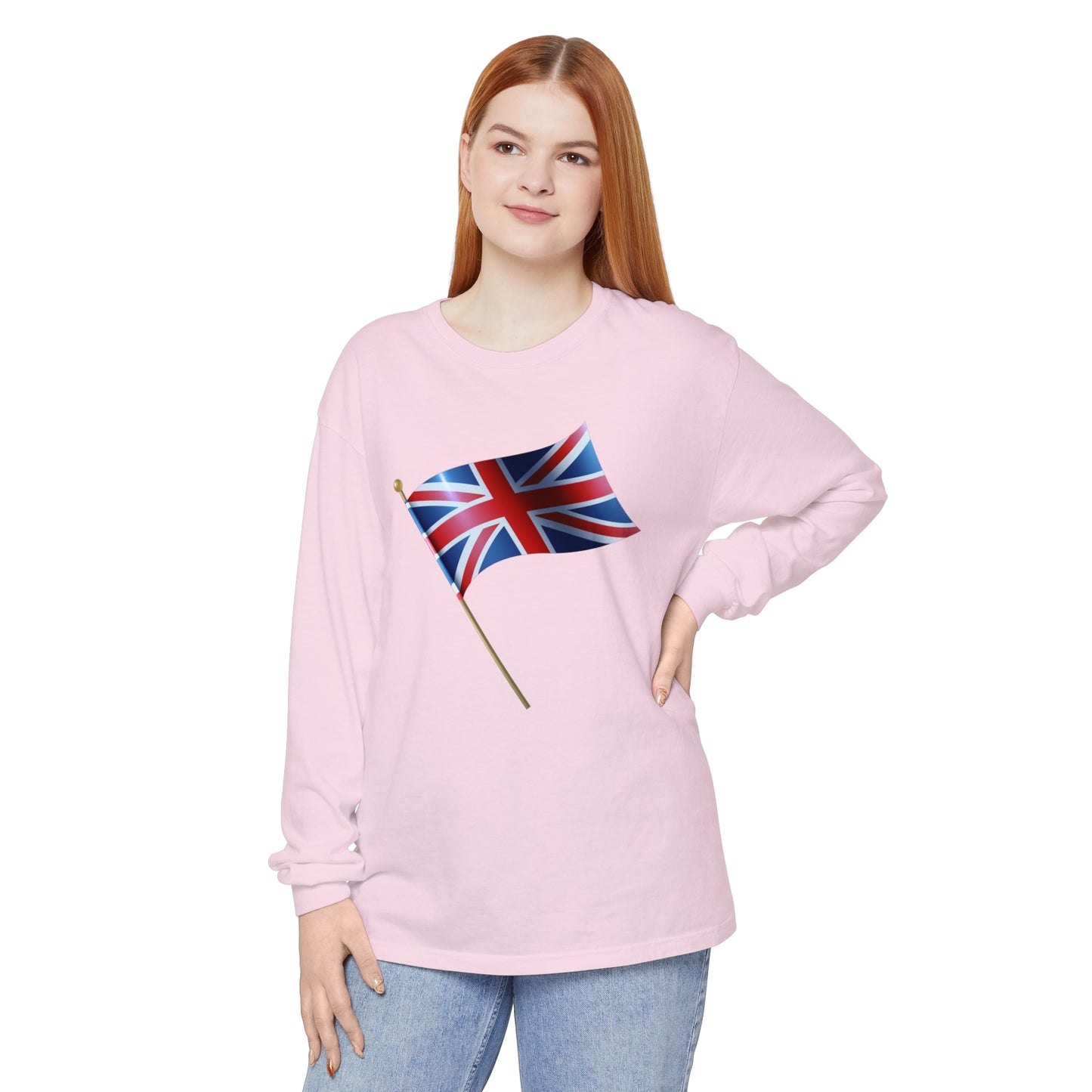 Unisex Garment-dyed Long Sleeve T-Shirt - Classic UK Flag Design - Union Jack Symbol