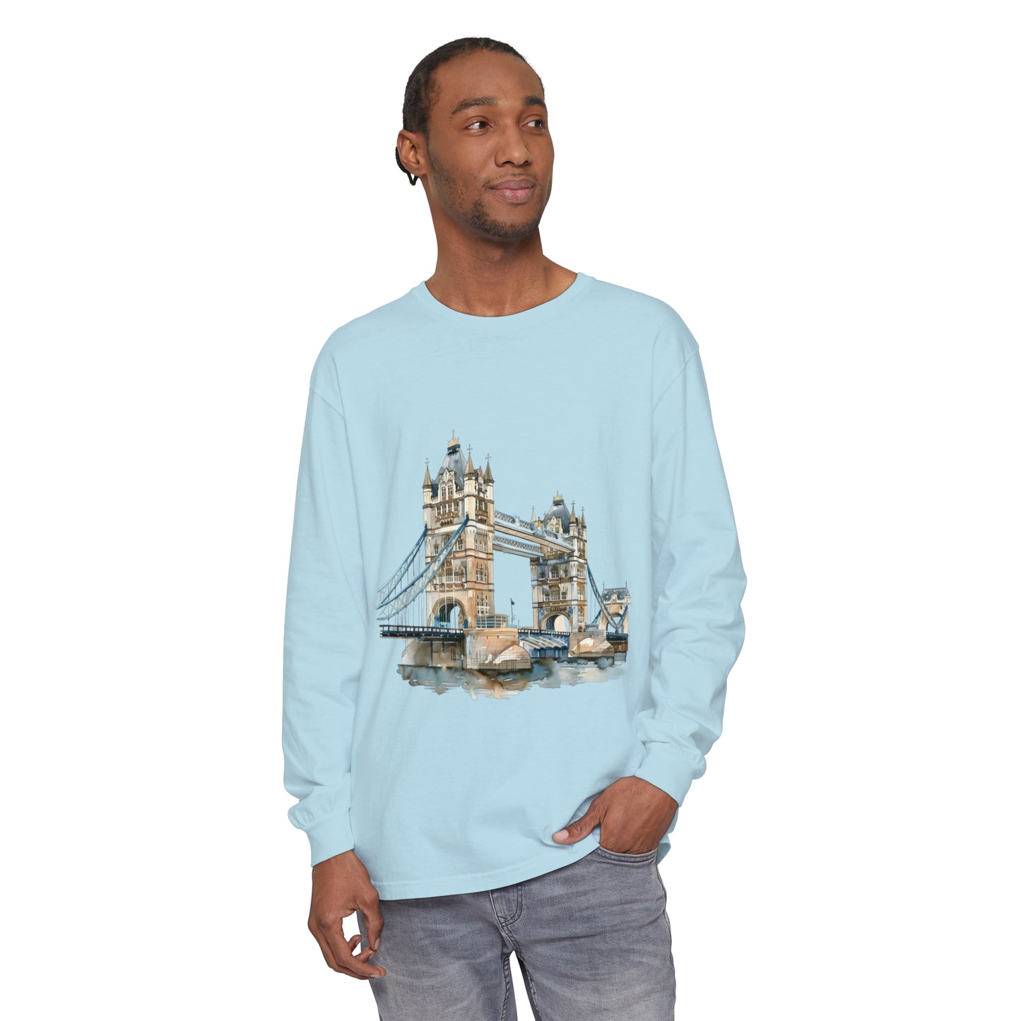 Unisex Garment-dyed Long Sleeve T-Shirt - Tower Bridge - Iconic London Landmark