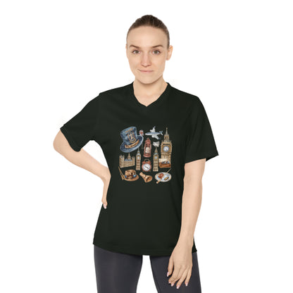 Women Performance V-Neck T-Shirt - Watercolor England Icons Wall Art
