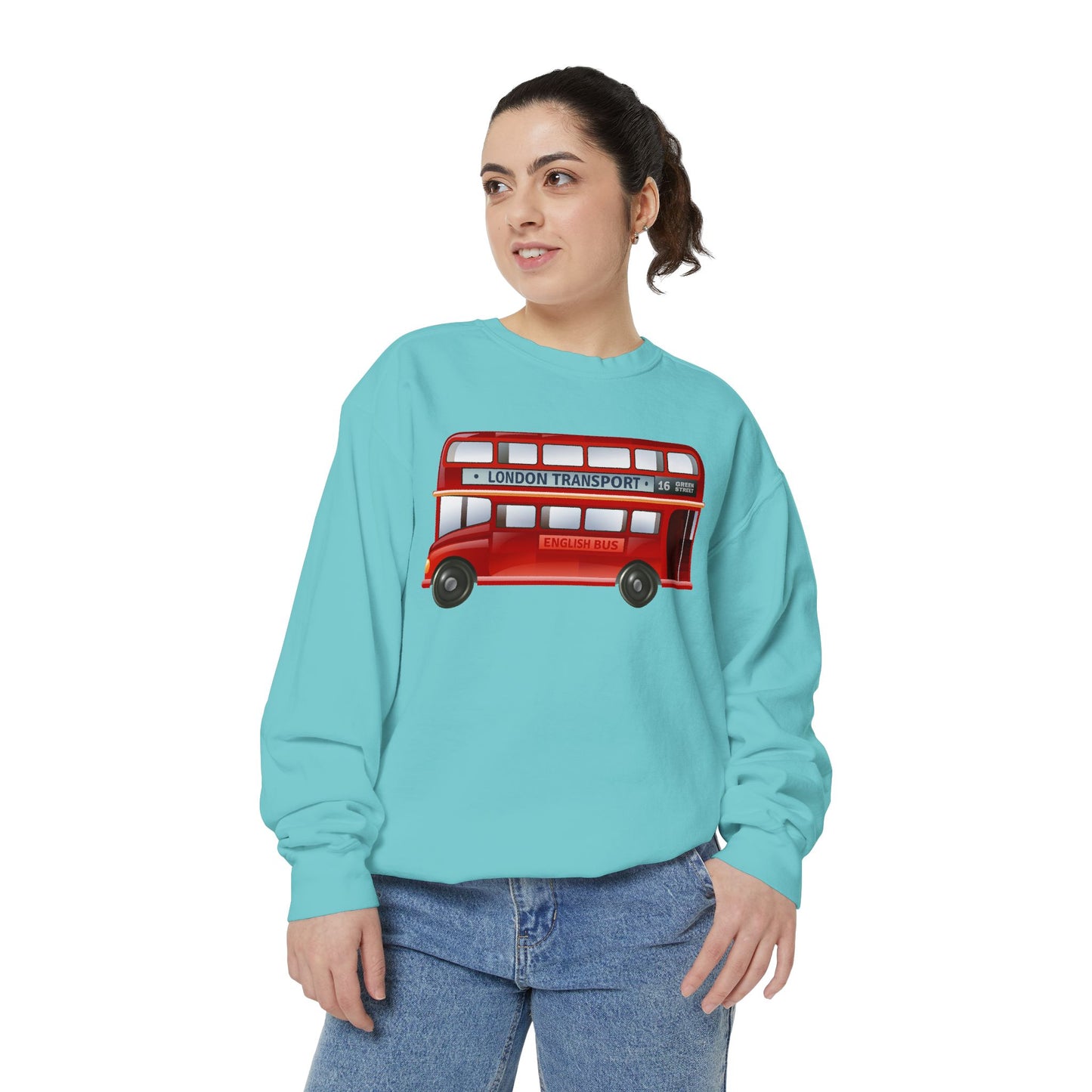 Unisex Garment-Dyed Sweatshirt - City on Wheels - The Classic British Red Bus
