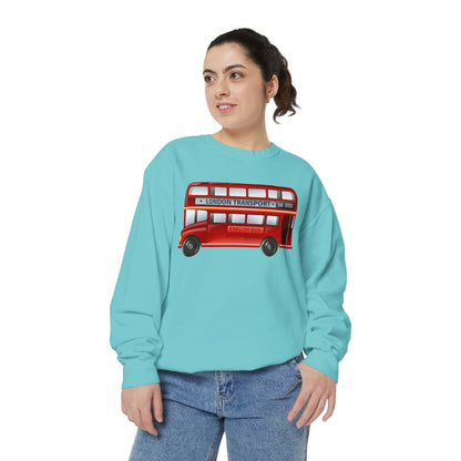Unisex Garment-Dyed Sweatshirt - City on Wheels - The Classic British Red Bus