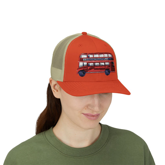 Vintage Double-Decker Bus Snapback Cap | Retro Trucker Hat, Outdoor Gear, Gift for Travelers, Festivals, Casual Wear
