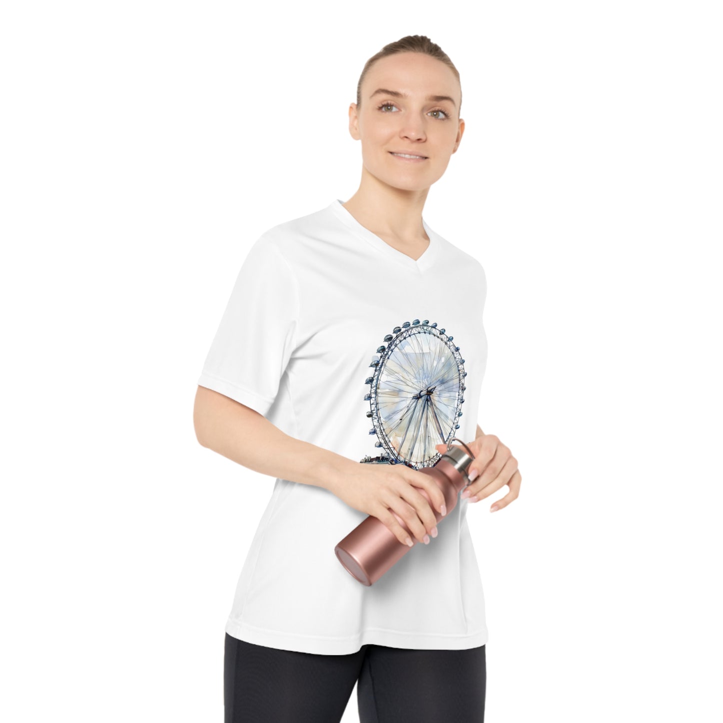 Women's V-Neck Performance T-Shirt - London Ferris Wheel Design