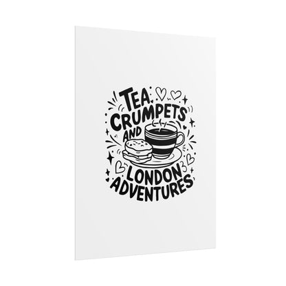 London Adventure Tea Crumpet Rolled Poster, Cute Wall Art, Gift for Tea Lovers, Home Decor, Travel Enthusiasts