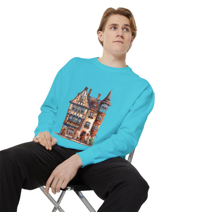 Unisex Garment-Dyed Sweatshirt - British Historic House - Classic Architectural Elegance