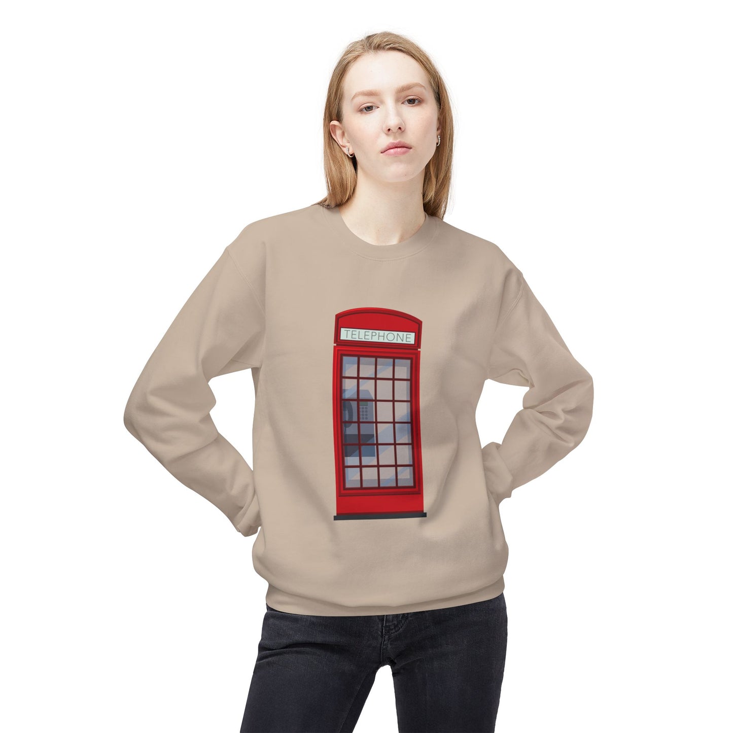 Unisex Midweight Softstyle Fleece Crewneck Sweatshirt - Iconic British Red Telephone Booth Design"