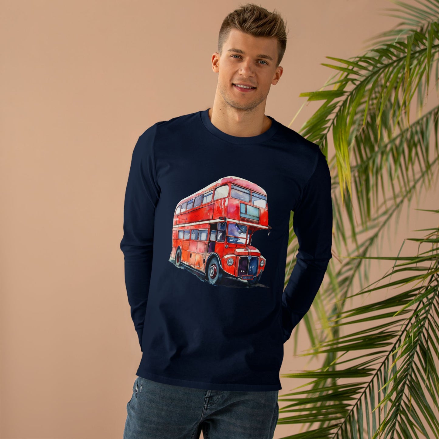 Men’s Base Longsleeve Tee - London Transport English Bus - Iconic Red Double-Decker