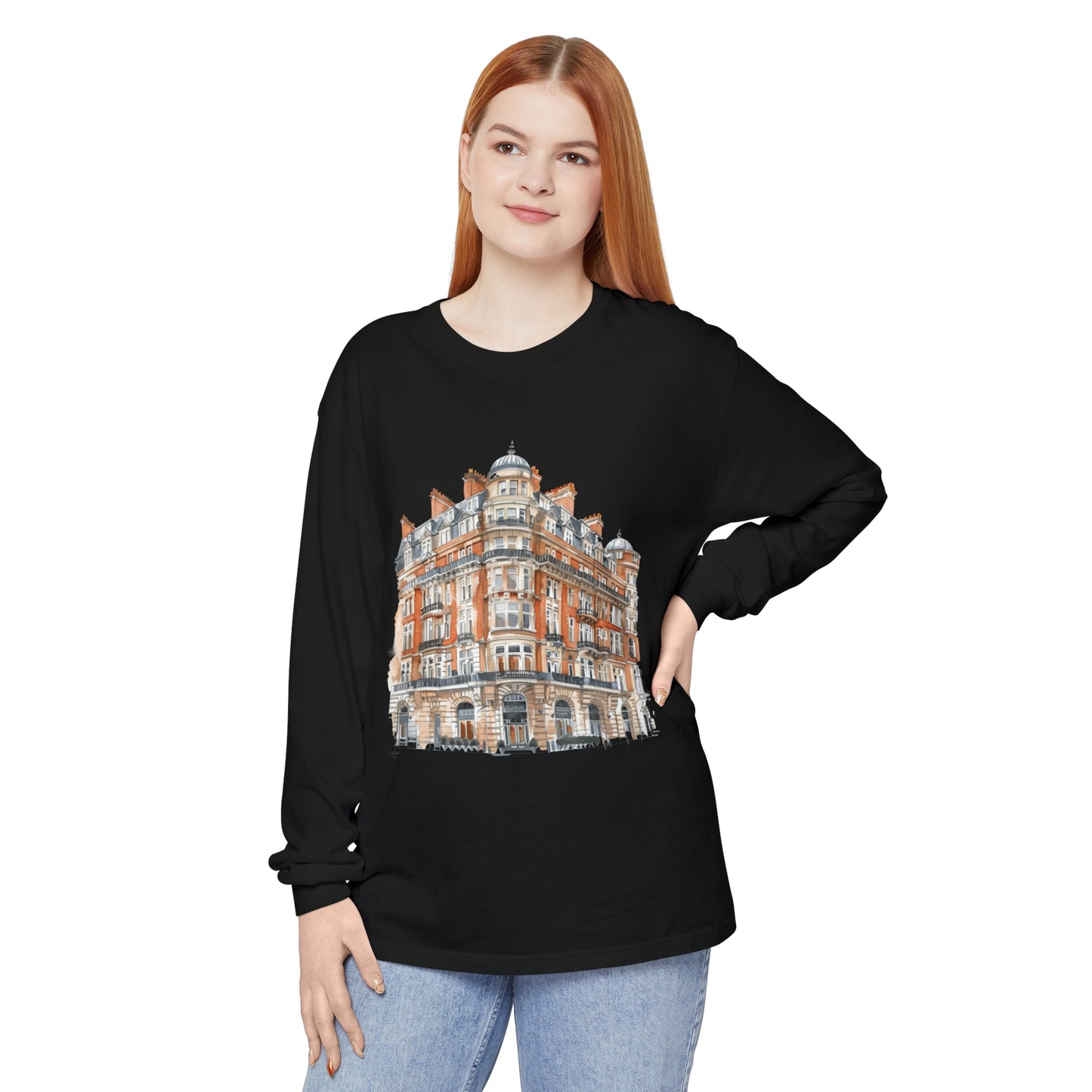 Unisex Garment-dyed Long Sleeve T-Shirt - Classic British Architecture - Elegant Historic Building