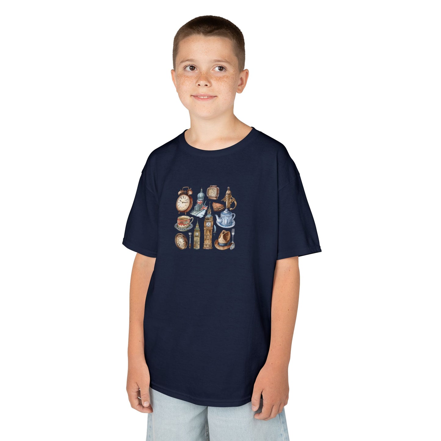 Kids Heavy Cotton Tee -  England Travel Icons Artistic Print - Cool Collectibles Design
