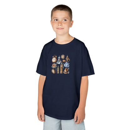 Kids Heavy Cotton Tee -  England Travel Icons Artistic Print - Cool Collectibles Design