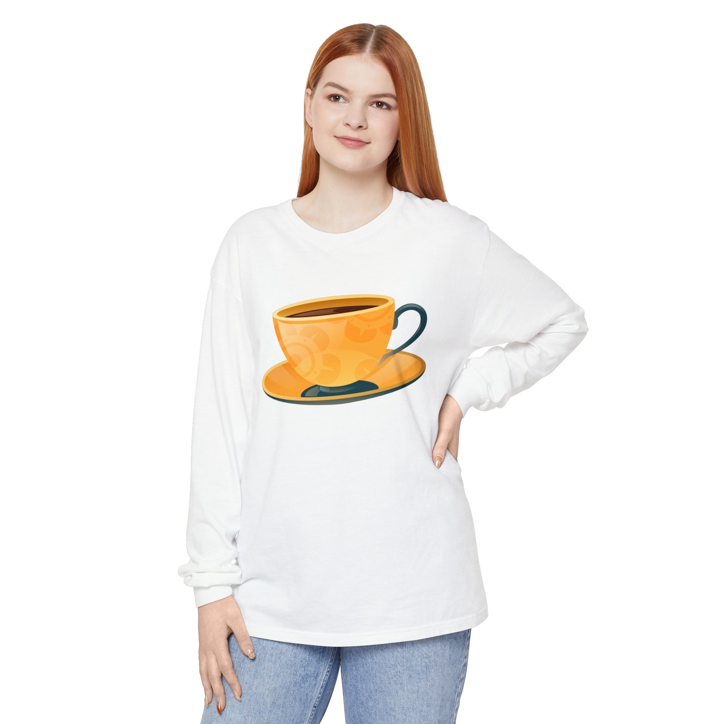Unisex Garment-dyed Long Sleeve T-Shirt - Elegant British Tea Cup - Classic Tea Time Style